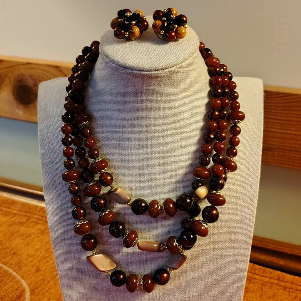 Vtg Mcm Japan 3-Strand Necklace Clip-On Earrings Set Copper Brown Coffee Beads